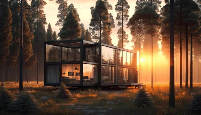 modern container house, large glass windows, in the middle of the forest, sunset,