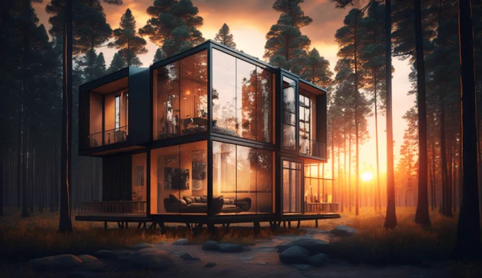 modern container house, large glass windows, in the middle of the forest, sunset,