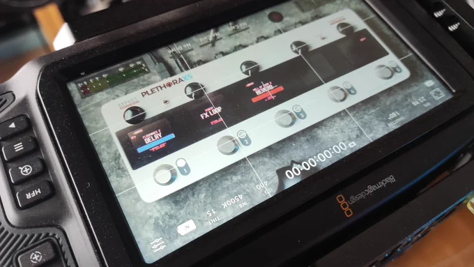 Photo of the screen of a BlackMagic Design video camera showing a TC Electronic Plethora X5 multi effects pedal for guitar.