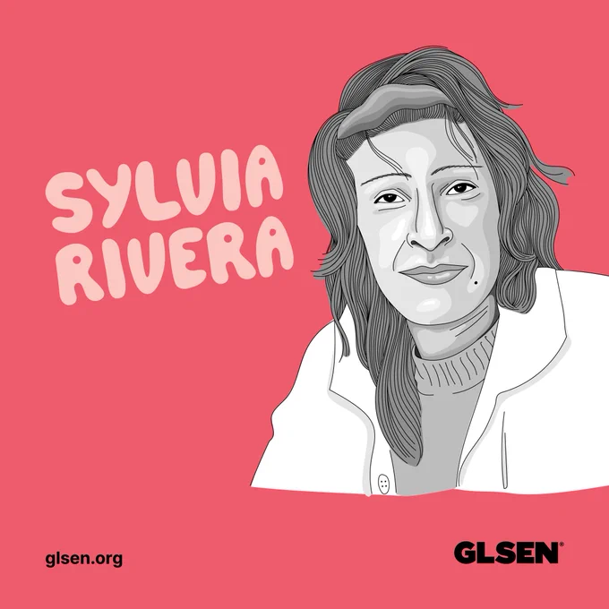 Black and white illustration of Sylvia Rivera wearing a headband on a red background with the text "Sylvia Rivera".