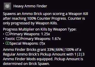 Clarity Perk Definition for the Heavy Ammo Finder Helmet Mod:
"Spawns an Ammo Brick upon scoring a Weapon Kill after reaching 100% Counter Progress. Counter is only progressed by Weapon Kills.
Progress Multiplier on Kills by Weapon Type:
• Primary Weapons: 1.25x
• Exotic Primary Weapons: 1.67x
• Special Weapons: (?)x
Ammo Finder Bricks grant 33%|66%|100% of a Regular Ammo Brick's Pickup Amount with 1|2|3 Ammo Finder Mods equipped. Pickup Amount is determined on Brick Spawn."