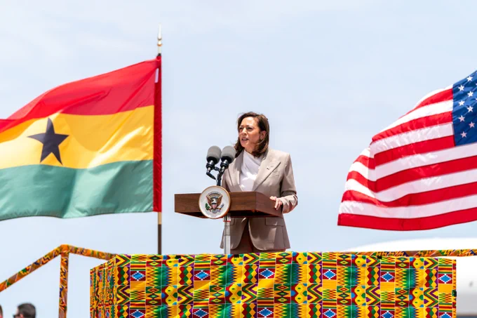 Vice President Harris gives remarks during an arrival ceremony at Kotoka International Airport in Accra, Ghana. 