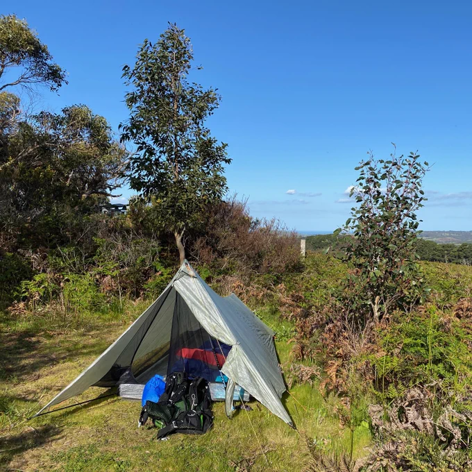 Tent in afternoon sun amidst bracken and shrubs with a distant view of blue sea