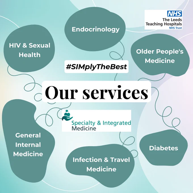 Our services include Endocrinology; Diabetes; Older People's Medicine; Infection & Travel Medicine; General Internal Medicine; HIV & Sexual Health. Image features SIM logo.