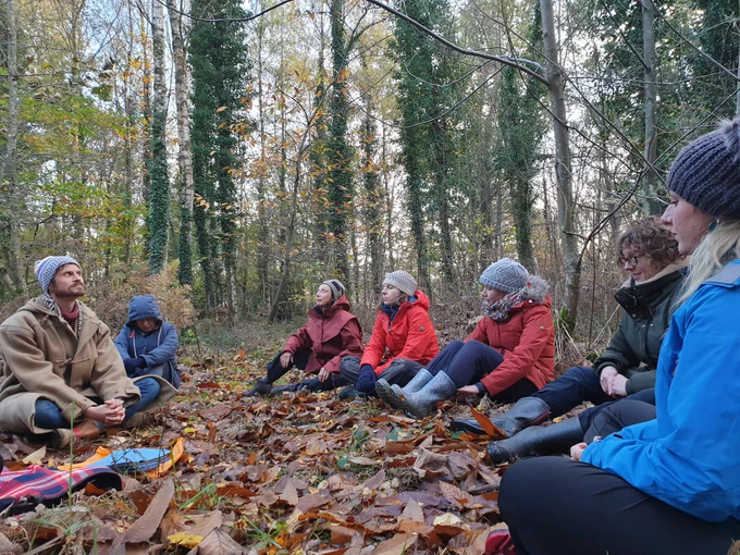 People sat in the woods - blue sky, green trees, brown leaves on the ground. Many people have their eyes closed and peaceful expressions on their faces - they are forest bathing.