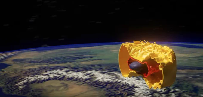 Scientific visualization of a neutron star merger for a size comparison with the Earth. The simulated merger hovers over the Alps.