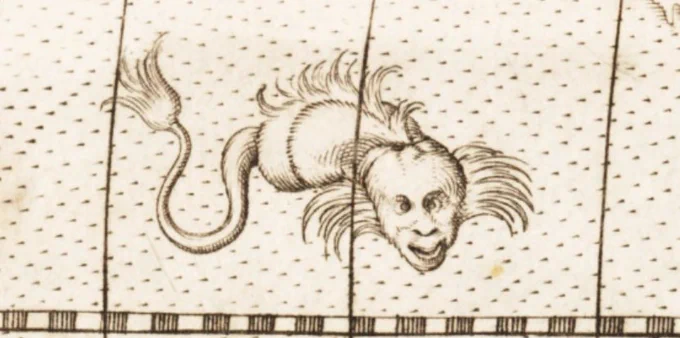 drawing of  map monster, with long tail, furry crest down back and mane.