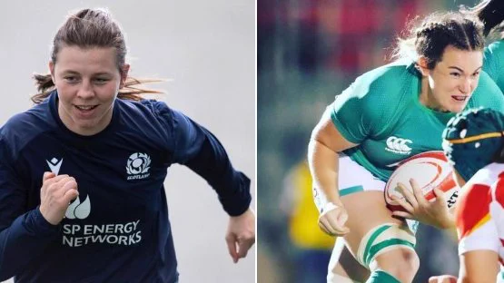 Lyndsay O’Donnell training for Scotland Rugby and Jo Brown on her debut for Ireland Rugby carrying the ball.
