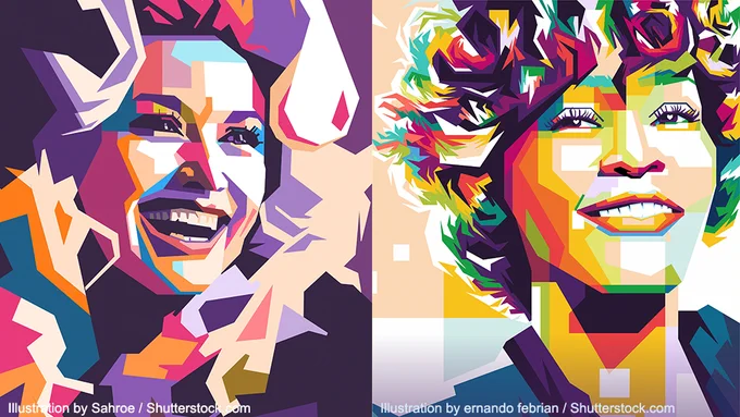 Multi-colored illustration of portraits of Dolly Parton and Whitney Houston