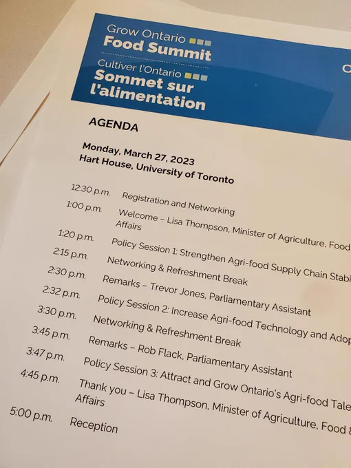 Image of the agenda for the Grow Ontario Food Summit on Monday March 27