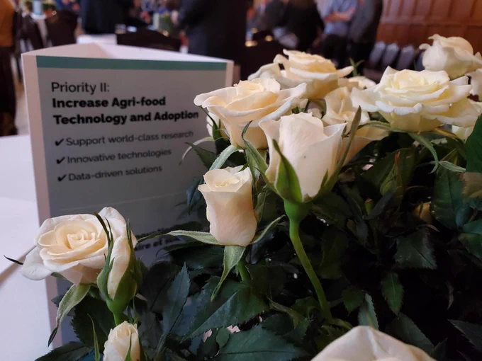 White roses are center pieces behind marketing materials at the Grow Ontario Food Summit