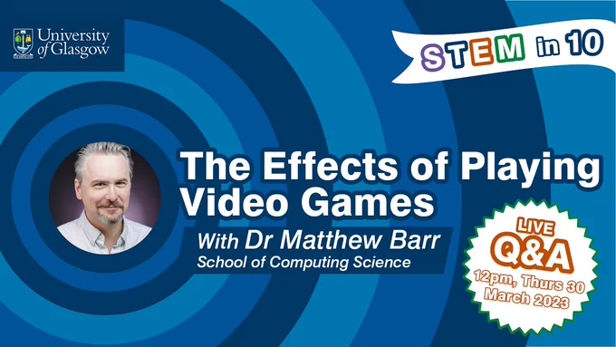 image of Dr Matt Barr from School of Computing Science and text reading there will be a live Q&A at 12noon on Thursday on YouTube