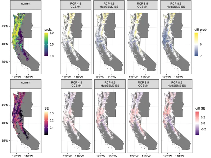 The current mean-predicted probability of climatically suitable habitat for coastal Douglas-fir (prob.), prediction uncertainty (SE), and the change in mean-predictions and uncertainty under the 4 future climate scenarios. Areas where the mean-prediction increased in future are shown in yellow, areas that decreased are in blue. Areas that increased or decreased in uncertainty are shown in red or purple, respectively