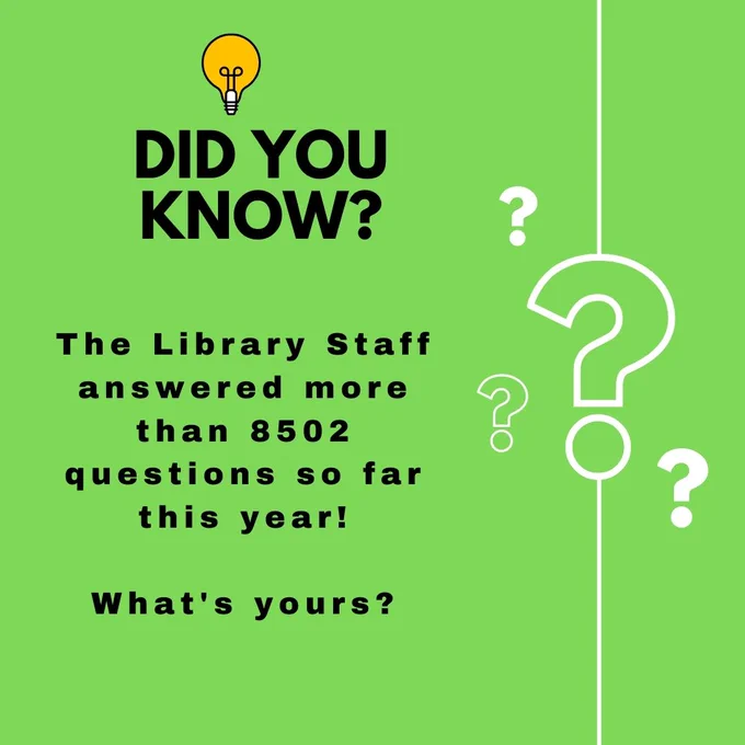 Illustration of a light bulb and question marks and the words Did You Know? The Library Staff answered more than 8502 questions so far this year! What's yours?