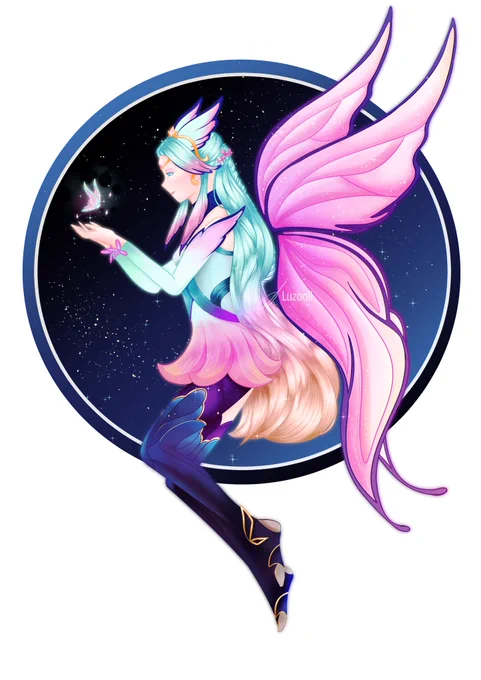 League of Legends Faeire Court Seraphine holding a butterfly by @Luzooli