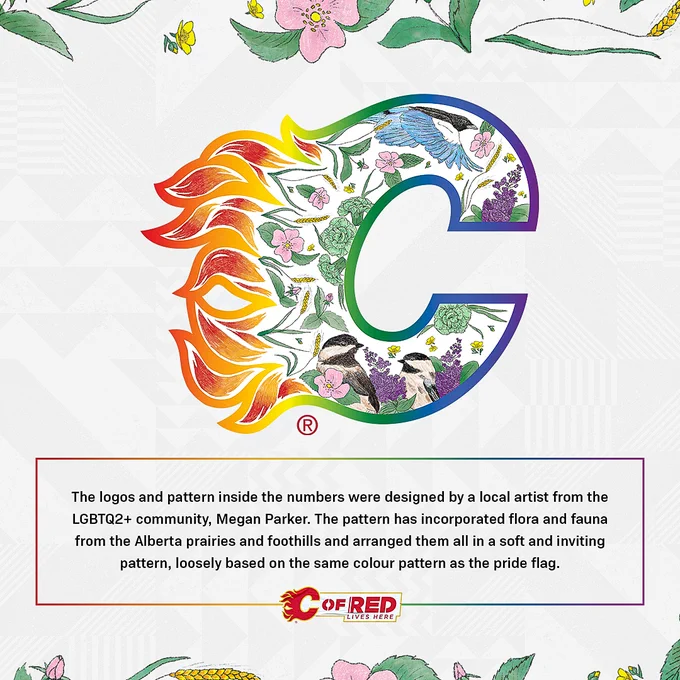 A close-up shot of the logo with the following description: The logos and pattern inside the numbers were designed by a local artist from the LGBTQ2  community, Megan Parker.The pattern has incorporated flora and fauna from the Alberta prairies and foothills and arranged them all in a soft and inviting pattern, loosely based on the same colour pattern as the pride flag