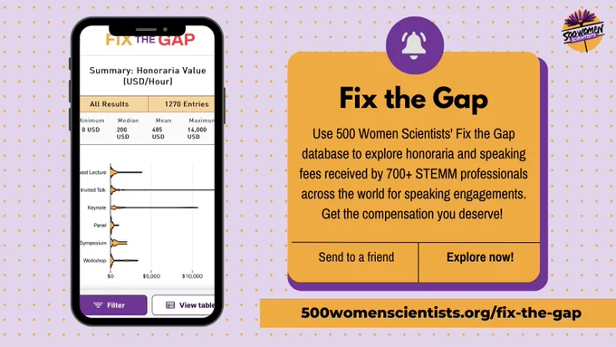 Fix The Gap promotional graphic. Use 500 Women Scientists' Fix The Gap database to explore honoraria and speaking fees received by 700  STEMM professionals across the world for speaking engagements. Get the compensation you deserve!