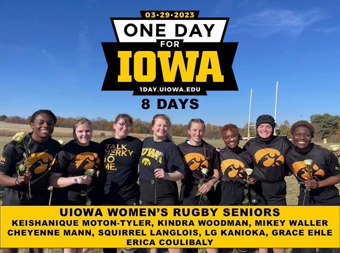 UIowa Women's Rugby Seniors inc. "Erica Coulibaly: Erica is from Sycamore, IL and she is majoring in Computer Science. Her favorite memory is swimming in the ocean after nationals in NOLA."