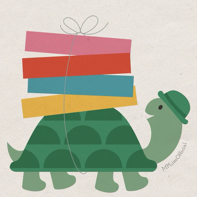 Illustration by M.P. Lim of tortoise carrying stack of books on his shell. Please do not use without permission.