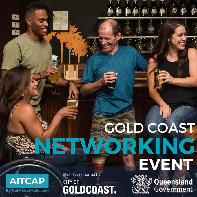 Gold Coast Networking Event. Image of a group of individuals with a diverse range of abilities by a bar.