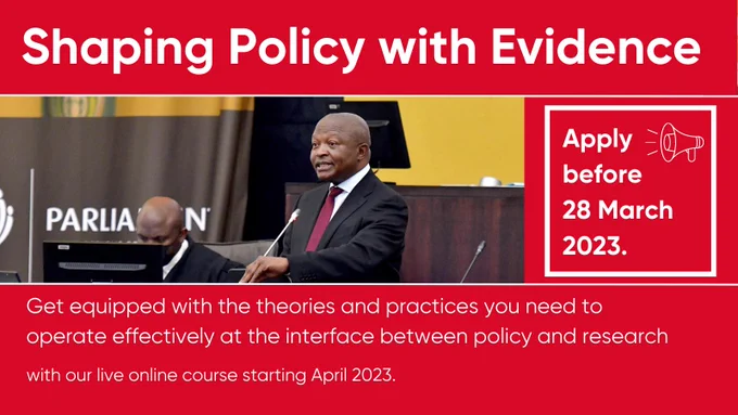 Deputy President David Mabuza responds to Oral Questions in National Assembly. Red box with white text at bottom reads Get equipped with the theories and practices you need to operate effectively at the interface between policy and research. Apply now button in white bottom right.