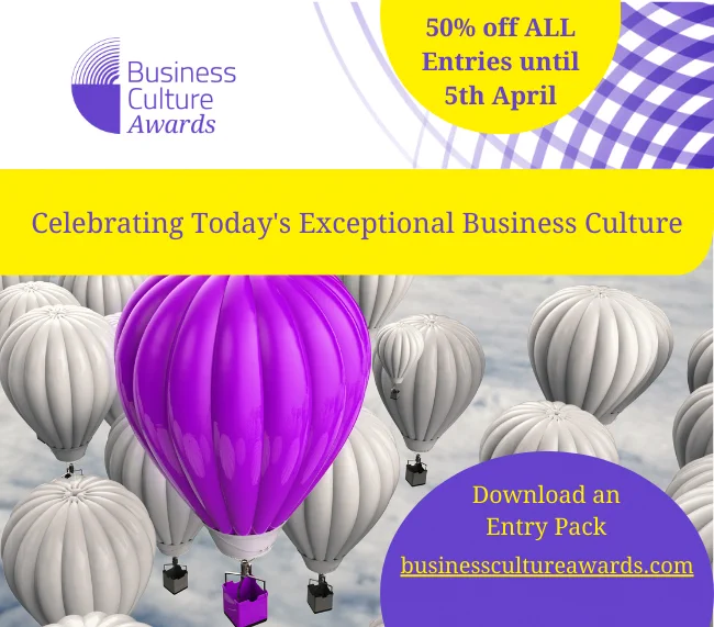 Purple grey and yellow image with text business culture awards celebrating today's exceptional business culture 50% off all entires until 5th April businesscultureawards.com