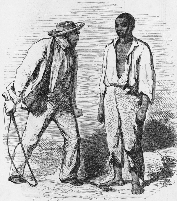 An illustration of a man with a whip standing next to an African American slave from the novel 'Uncle Tom's Cabin,' by American novelist Harriet Beecher Stowe, 1852.Kean Collection / Getty Images.  https://www.nbcnews.com/id/wbna24714507]