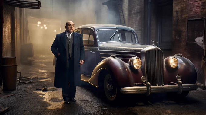 "Capone's Hideout"

In this surreal portrait, Al Capone stands tall and powerful in the center of a deserted alleyway, with a vintage car parked behind him. The atmosphere is surreal and dreamlike, with thick fog and smoke adding to the mysterious and foreboding ambiance. Al Capone's expression is calm and confident, his gaze piercing through the mist. The retro setting and surreal elements come together to create a captivating and intriguing image that transports the viewer to the gangster era of the 1920s.