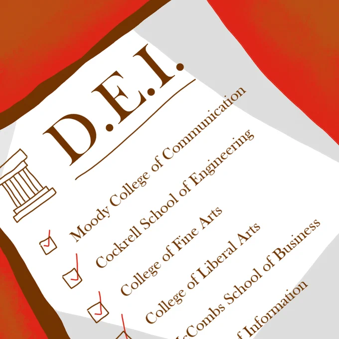 Illustration of a list of colleges at UT that are on board with the new DEI action plans. Illustration by Ana Louisa Matzner.