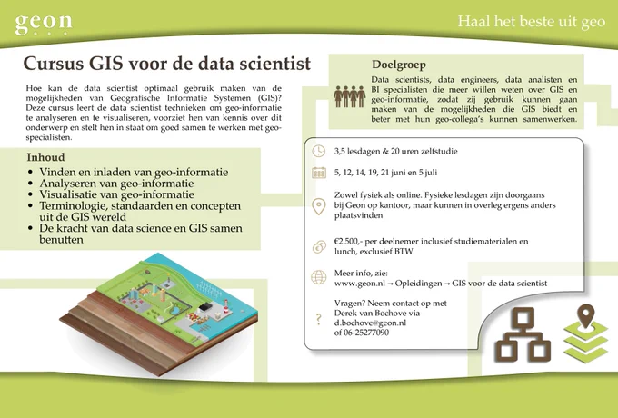 Cursus GIS voor de data scientist bij Geon. Ga naar https://geon.nl/opleidingen/gis-voor-de-data-scientist/ voor meer informatie.