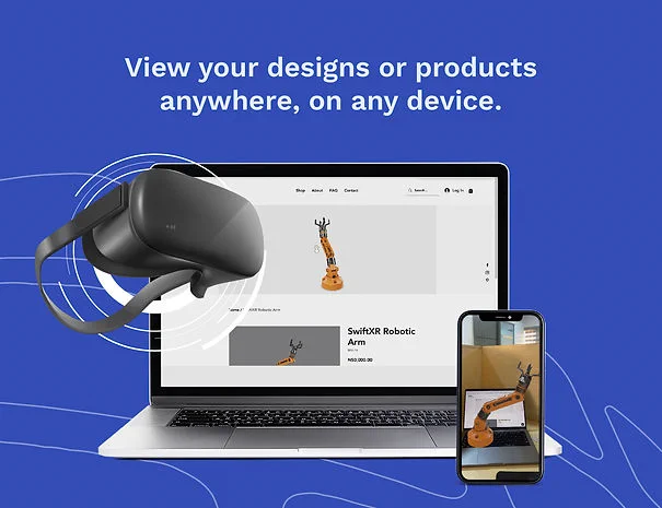 Blue background with an open laptop shows SwiftXR Viewer, an application from the Wix App Market, that allows you to easily add 3D/AR/VR views to your products in your Wix site.