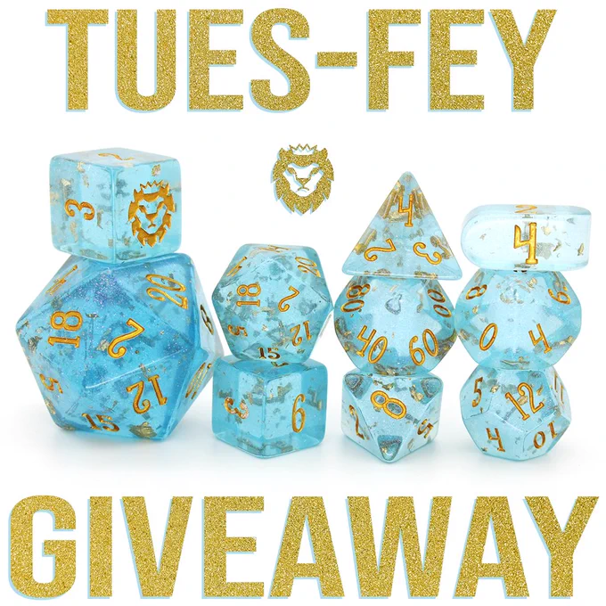 Celesteal, a bright blue 10-piece resin set with gold flake inclusions, pink micro glitter, and gold ink and text that reads "Tues-fey Giveaway."