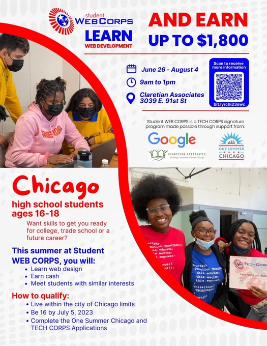Flyer advertising STUDENT WEB CORPS program with QR code directing to bit.ly/chi23swc to apply; Image of three students programming on a computer in top left corner; image of three students holding a certificate in bottom right corner