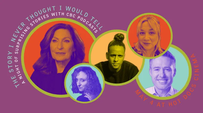 A purple graphic with 5 green-ringed circles showing the five members of the podcast, reading The Story I Never Thought I Would Tell: A Night of Surprising Stories, May 4 at Hot Docs Cinema