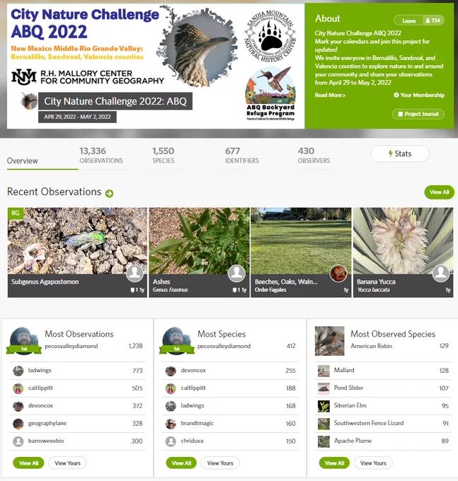 City Nature Challenge ABQ 2022. 13,336 observations. 1,550 species. 677 identifiers. 430 observers.