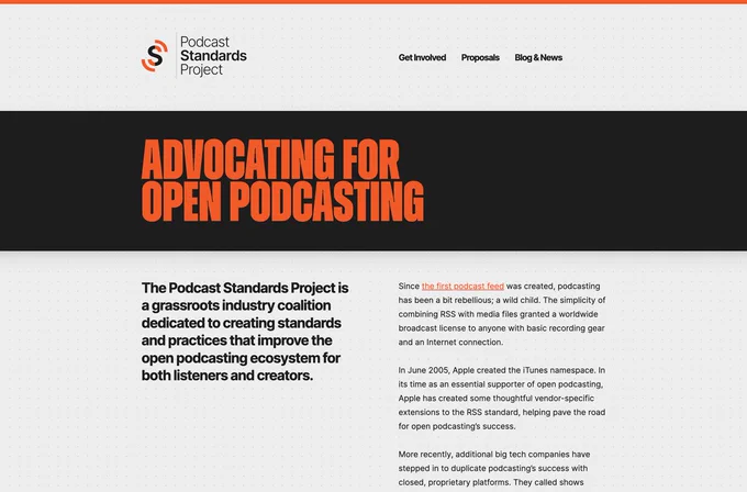 Screenshot of the new Podcast Standards Project homepage