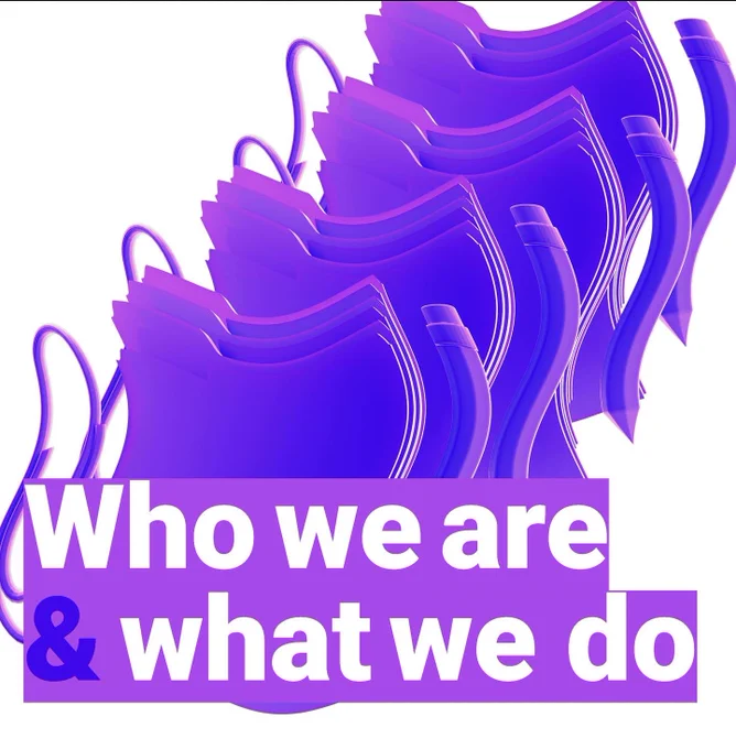 "Who we are & what we do" highlighted in bright purple in front of blue and purple wiggly folders, pencils, and paperclips.