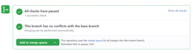 Github pull request interface showing all checks have passed, and you can add the merge queue. The image shows the old interface with the very light green.
