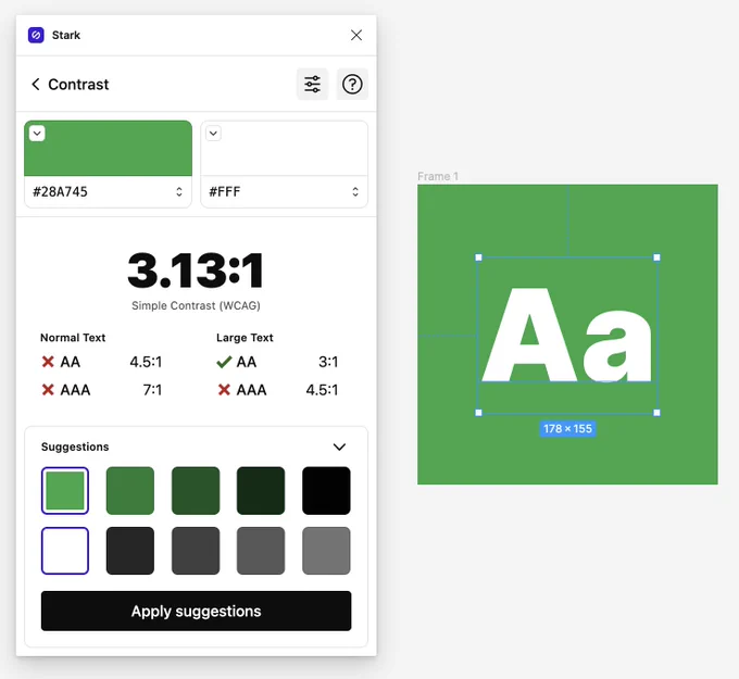 Stark user interface showing the old Github green's accessibility contrast ratio not passing along with smart suggestions to improve it.