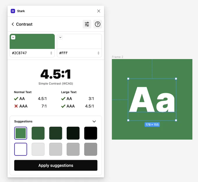 Stark user interface showing the new Github green's accessibility contrast ratio passing.