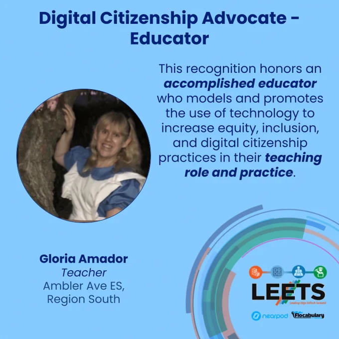 Photograph of honoree with name, title, school, region, title of award and description of award.