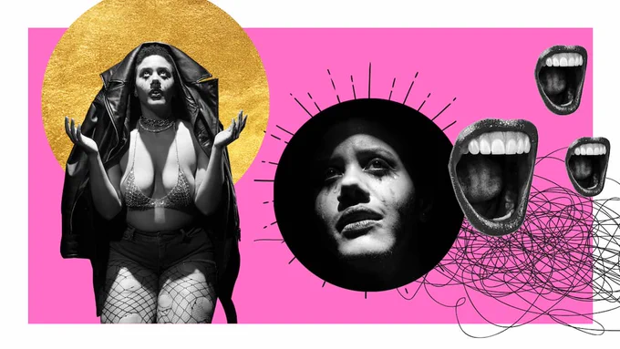 Two black and white photos of Amanda Cordner collaged overtop a pink background with a white border. The first photo on the left is of Amanda kneeling, looking and holding her hands upwards. A black leather jacket hangs off of her head, and she is wearing two sparkling necklaces, a small beaded bra, denim shorts, and ripped fishnet stockings. She has smeared eye makeup and tears running down her face. A golden circle is layered behind this photo. The second photo, in the middle-right of the image, is a closeup of Amanda’s face, again with smeared makeup and tears on her cheeks, framed in a black circle, with thin black lines shooting out all around the circle. Three of the same photo of an open, shouting mouth are collaged to the right, with thin black scribbles in the background of the bottom right corner.