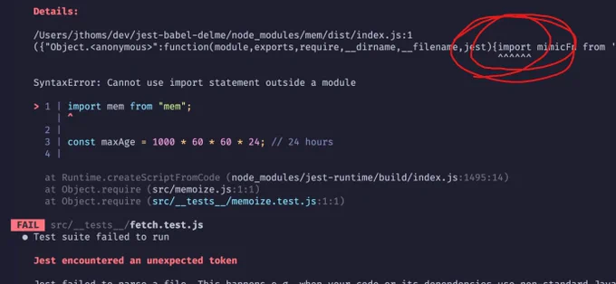 A Jest stack trace showing an issue at an import statement.