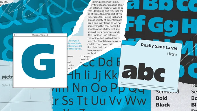 A collage designed by Anna Thomas, showing samples of the Really Sans typeface in use on scraps of torn paper.