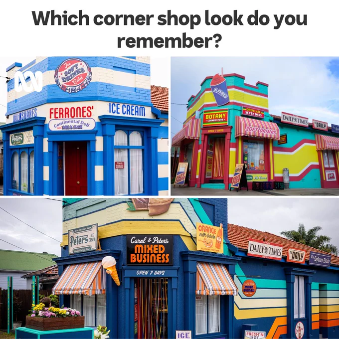Pictures of various Australian corners shops, from the 1950s to 1990s.
