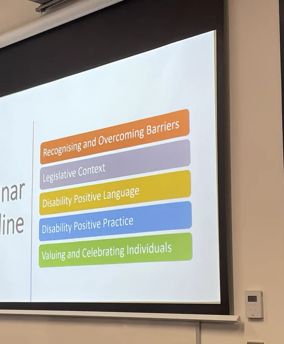 PowerPoint detailing course outline:
Recognising and Overcoming Barriers 
Legislative Context
Disability Positive Language 
Disability Positive Practice 
Valuing and Celebrating Individuals