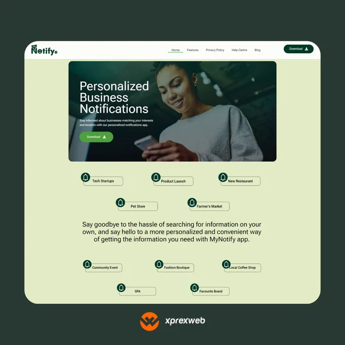 Xprexweb's latest project, MyNotify.ng, showcases personalized business notifications with a sleek web design. As the top web developers in Lagos, Xprexweb offers custom web solutions for your brand's online presence.