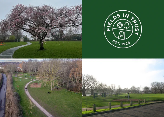Top L to bottom R: Galmington Park, Fields in Trust logo, Comeytrowe Park and French Weir Park