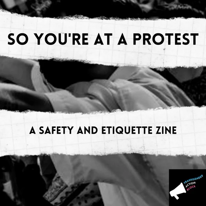 Black and white picture of protesters. 2 horizontal strips that look like torn paper cross the page. The first one has the text "SO YOU'RE AT A PROTEST" inside it, the second says "A SAFETY AND ETIQUETTE ZINE". In the bottom right corner is the TAB logo