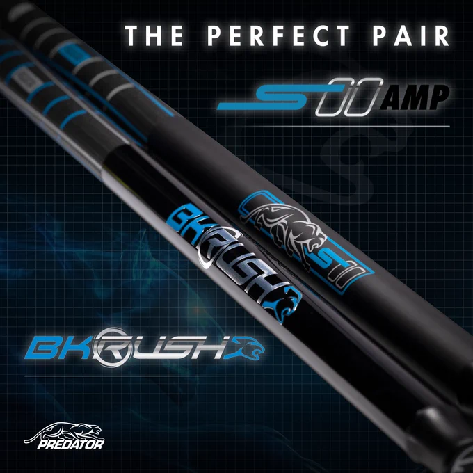 The perfect pairing of black pool cues: The BK Rush break cue and Sport 2 Amp playing cue.